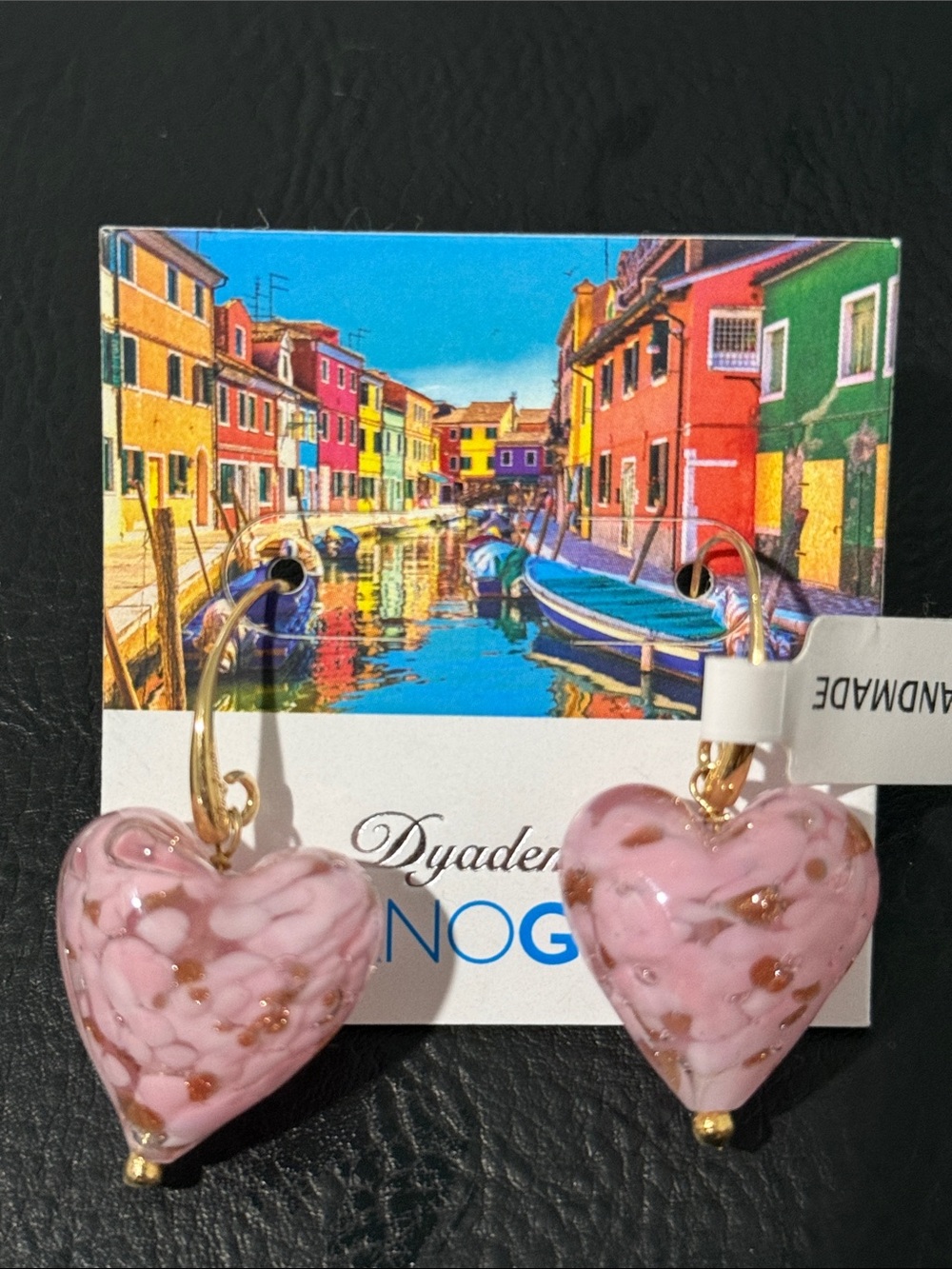 18K Gold Plate Bronze Murano Glass Heart Shaped Dangle Earrings Dyadema Italian